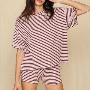 Short Sleeve Crew Neck Knit French Terry Striped Top